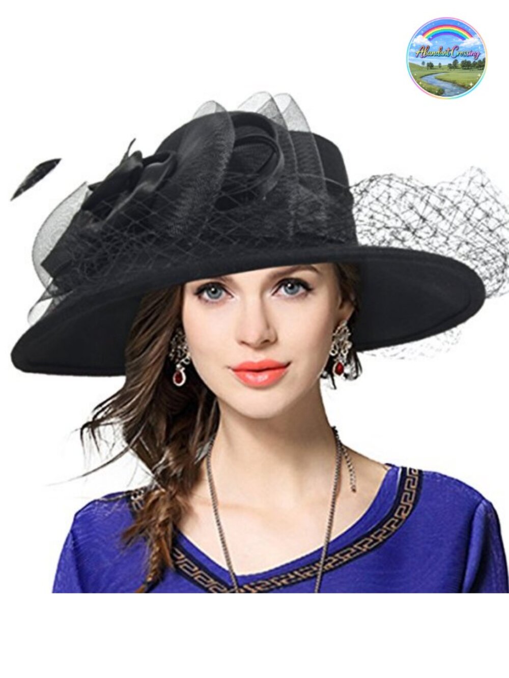 Wool Felt Wide Brim Fedora Hat - Flower Feather Bow Mesh Veil Cocktail Party